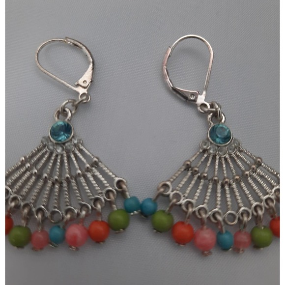 Silver Triangle multi colored dangle beads earrings - Picture 4 of 5